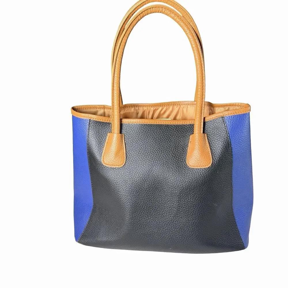 Neiman Marcus Tote Bag Colorblock Pebbled Faux Leather Black, Royal Blue, Tan